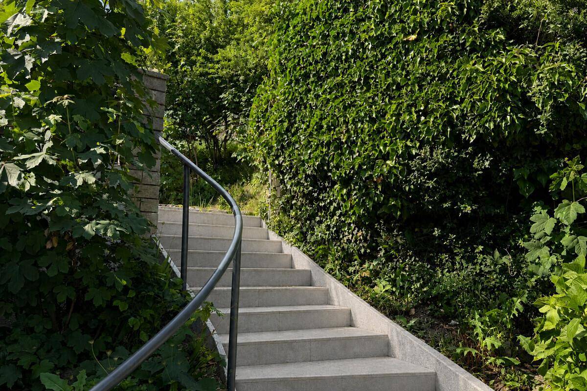 Steintreppe mit Handlauf, umgeben von üppigem Grün und Bäumen, führt bergauf.