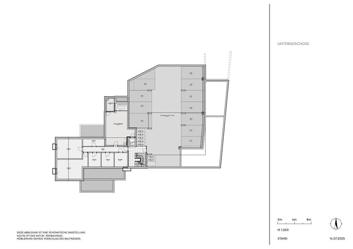 Grundriss des Untergeschosses mit Abstellräumen, Fahrradraum und Tiefgarage.