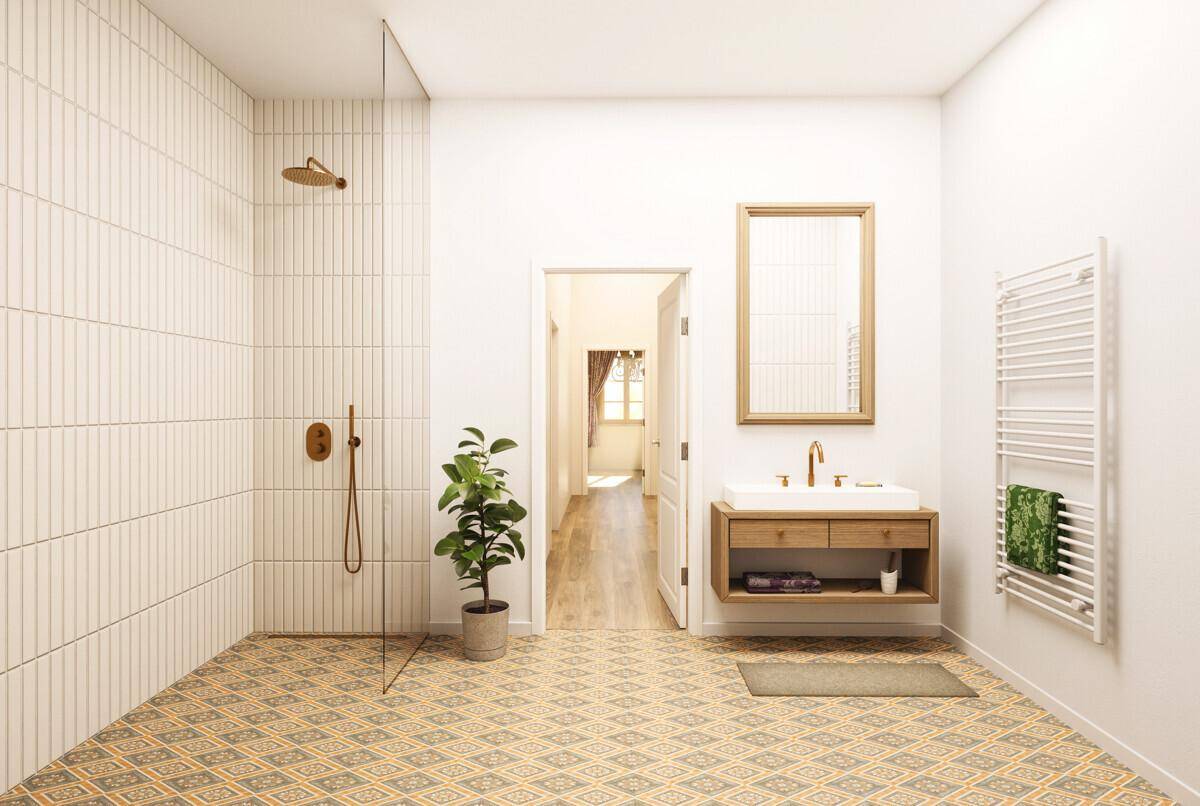 Modernes Badezimmer mit begehbarer Dusche, stilvollen Fliesen und Holzwaschtisch.
