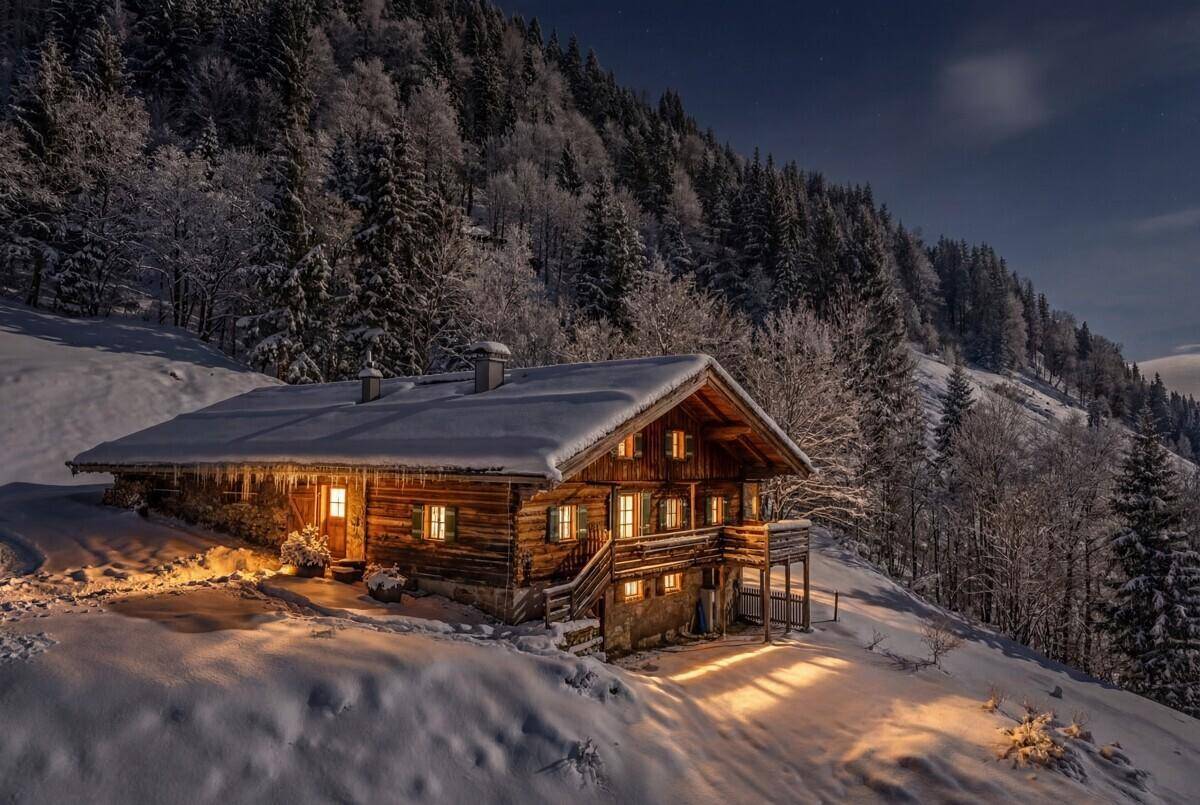 Gemütliches Chalet im Winter bei Nacht, umgeben von verschneiten Bäumen und sanftem Licht.