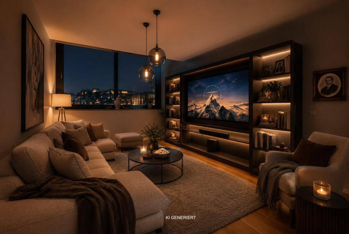 Gemütliches Wohnzimmer am Abend mit indirekter Beleuchtung, großem Sofa und Medienwand.