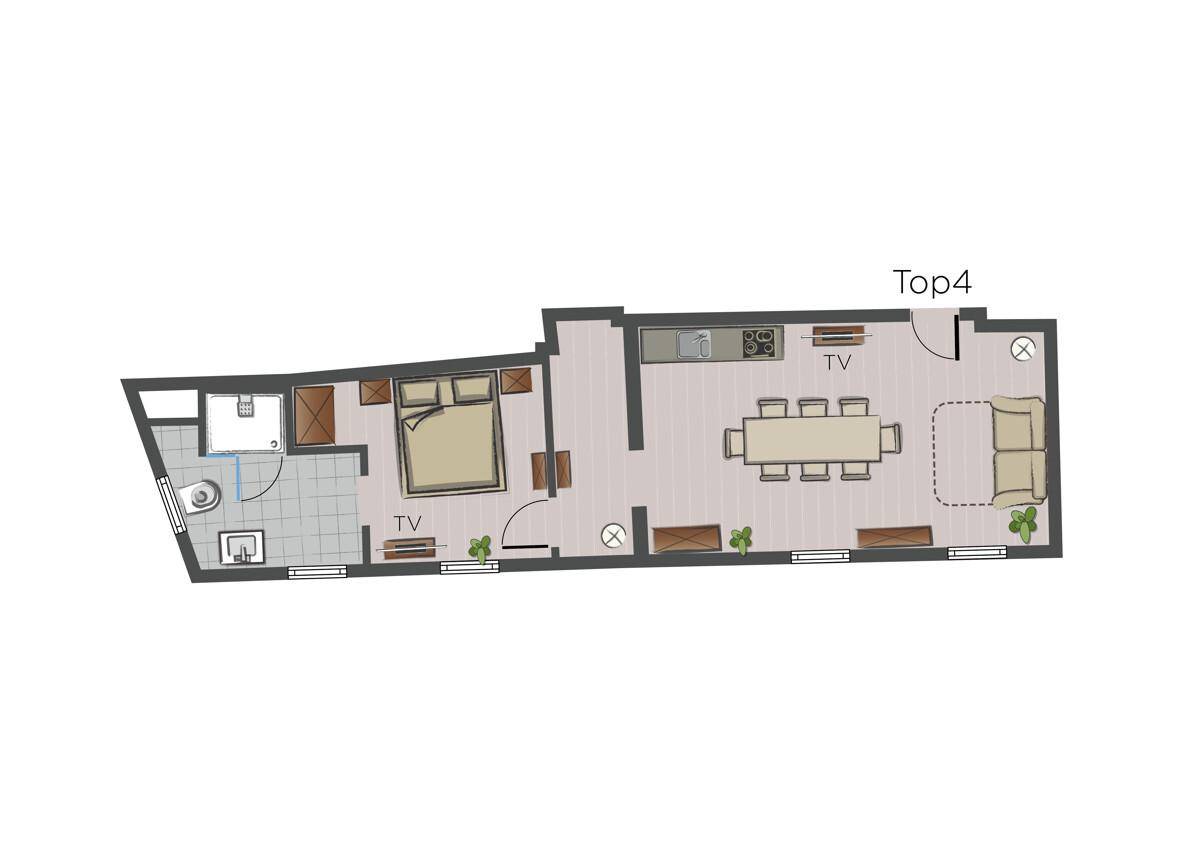 Grundriss einer länglichen Wohnung mit Schlafzimmer, Bad, Essbereich und Wohnzimmer.