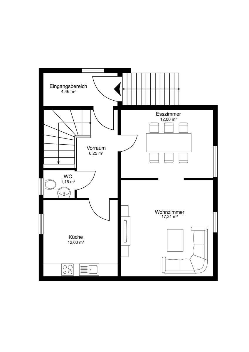 Grundriss des Erdgeschosses mit Küche, Wohnzimmer, Esszimmer und Eingangsbereich.