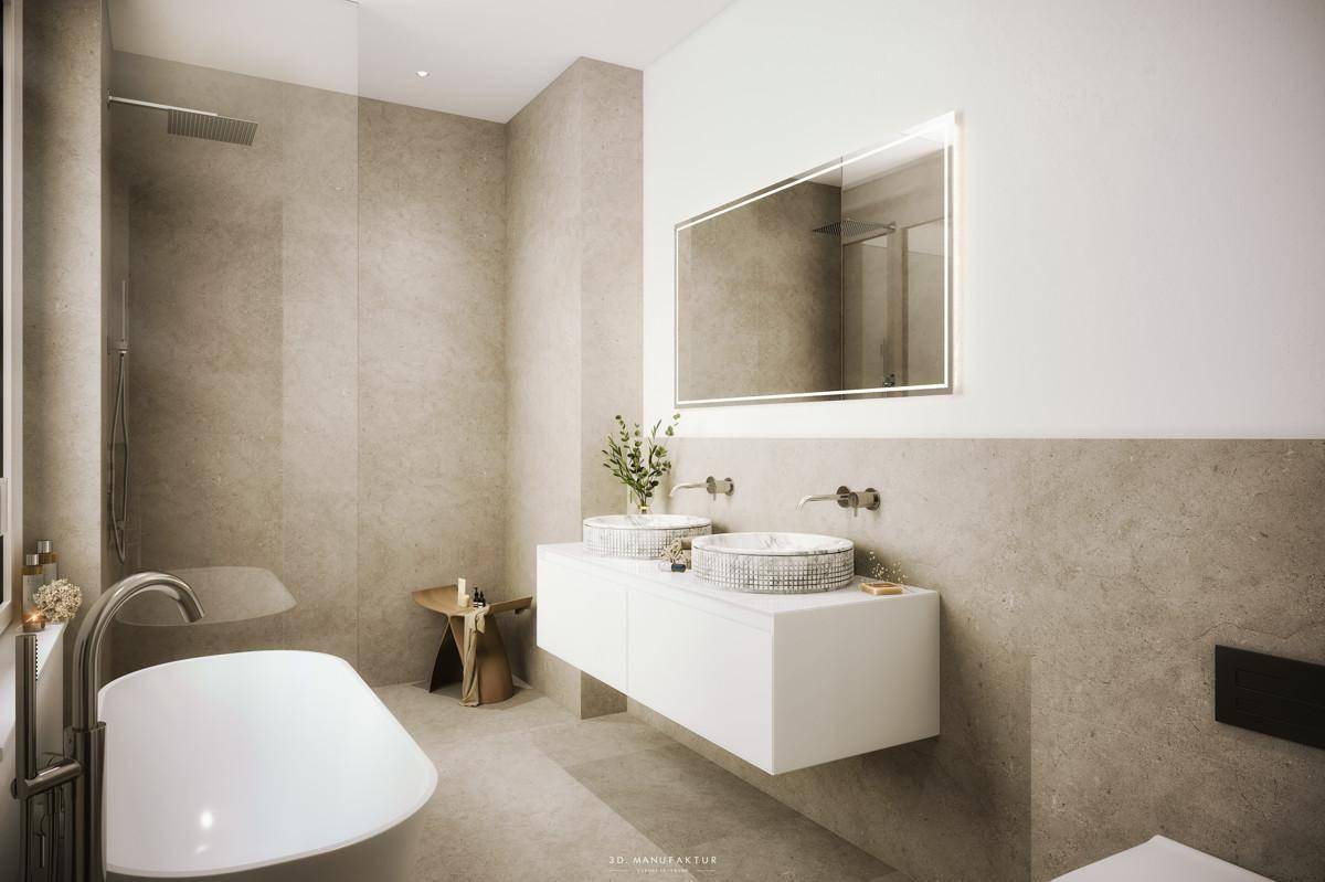 Modernes Badezimmer mit Doppelwaschbecken, freistehender Badewanne und großer Dusche.