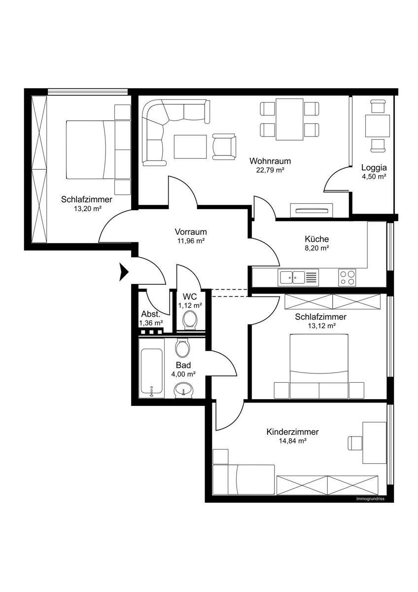 Grundriss der Wohnung mit Wohnraum, zwei Schlafzimmern, Kinderzimmer und Loggia.