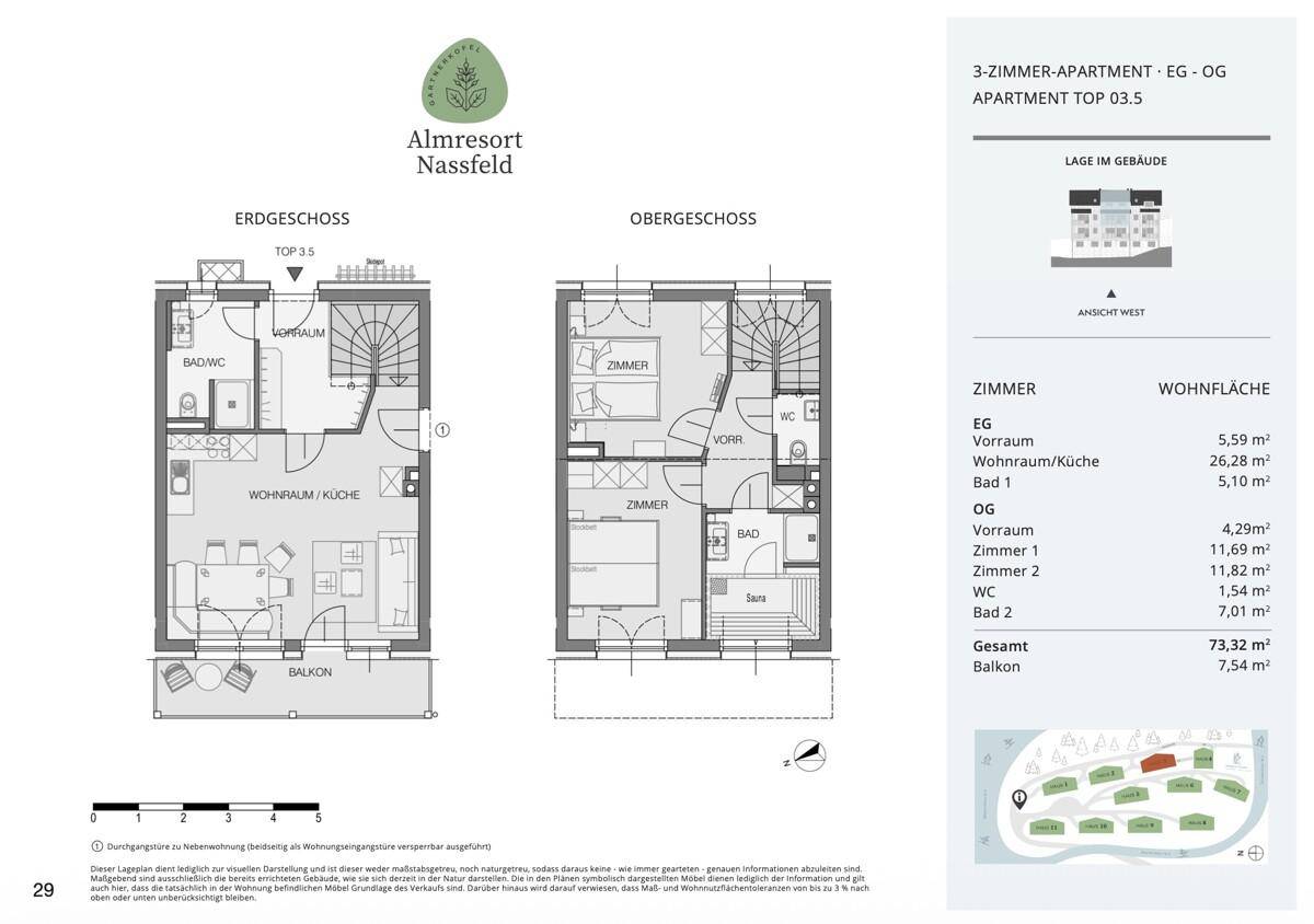 Grundriss eines 3-Zimmer-Apartments über zwei Etagen mit Balkon und separatem WC.