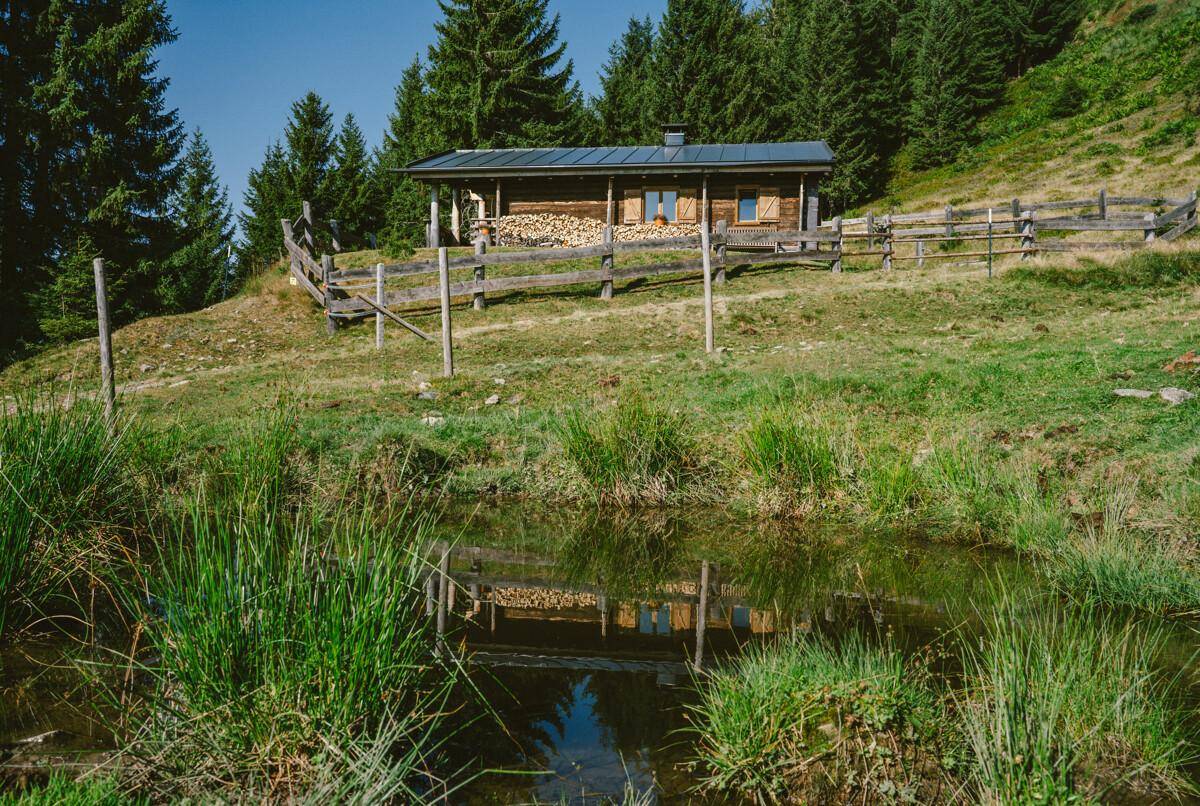 Holzhütte am Waldrand mit einem kleinen Teich im Vordergrund und Bergblick.