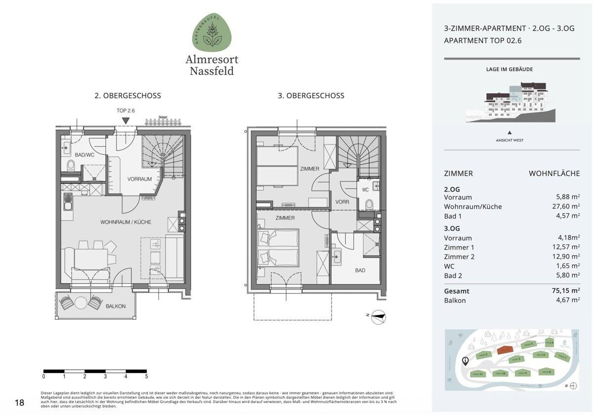 Grundriss eines 3-Zimmer-Apartments über zwei Etagen mit Balkon und separatem WC.