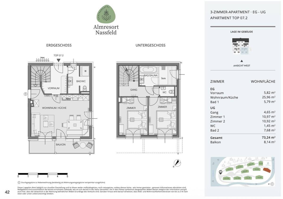 Grundriss eines 3-Zimmer-Apartments mit Erdgeschoss und Untergeschoss, inklusive Balkon und Bad/Sauna.