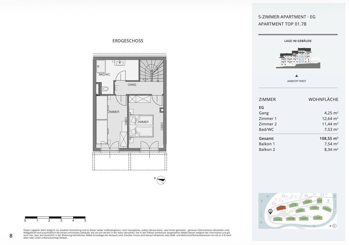 Grundriss des Erdgeschosses eines 5-Zimmer-Apartments mit zwei Schlafzimmern und Bad.