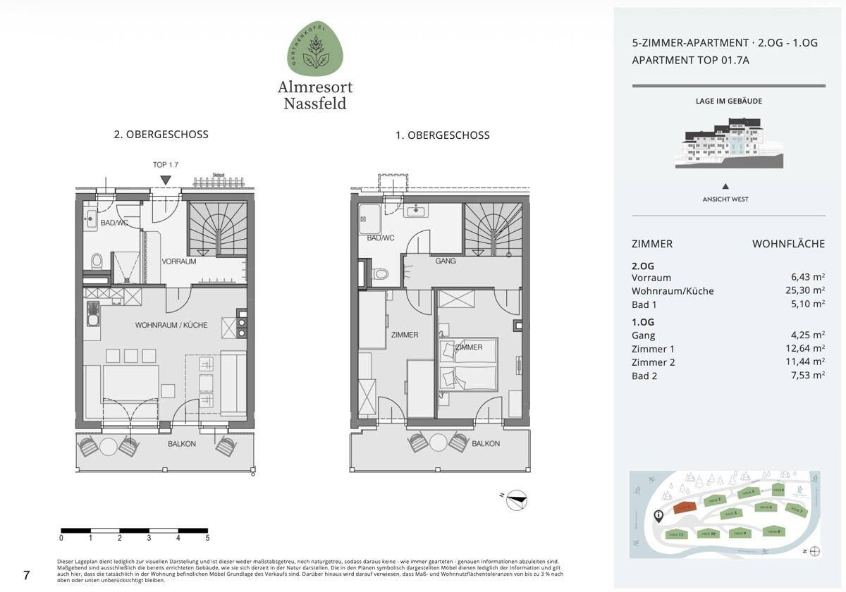 Grundriss eines Duplex-Apartments mit Wohnküche, zwei Schlafzimmern und zwei Bädern.