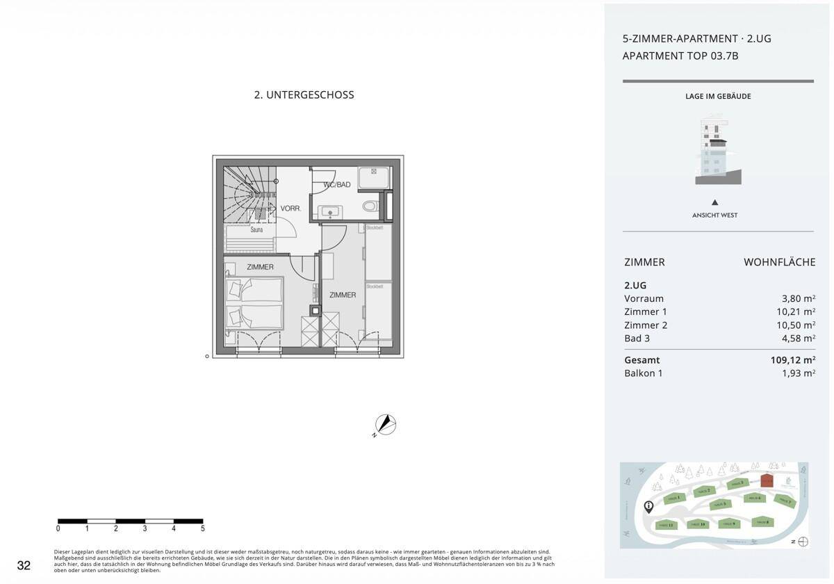 Grundriss eines 5-Zimmer-Apartments im 2. Untergeschoss mit mehreren Zimmern und Bad.
