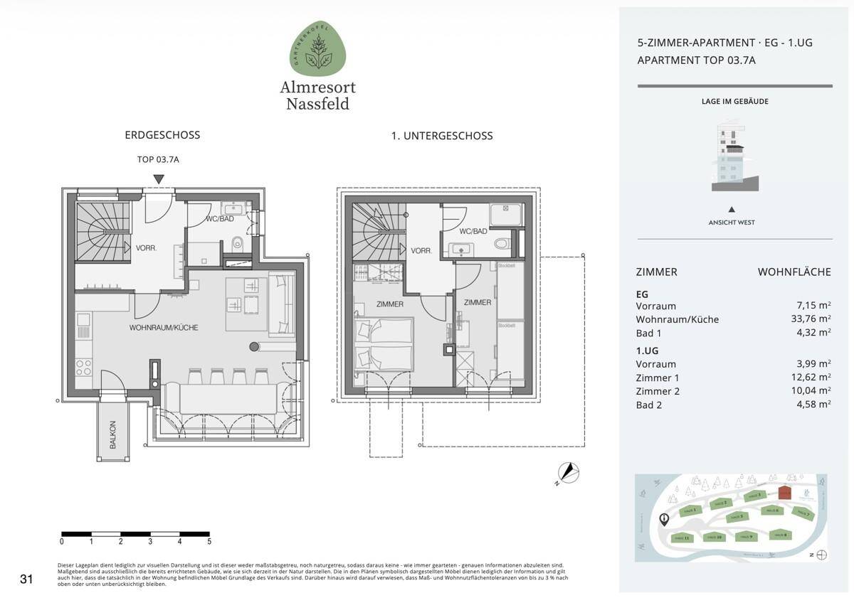 Grundriss eines 5-Zimmer-Apartments über Erdgeschoss und 1. Untergeschoss mit Wohnküche und Balkon.