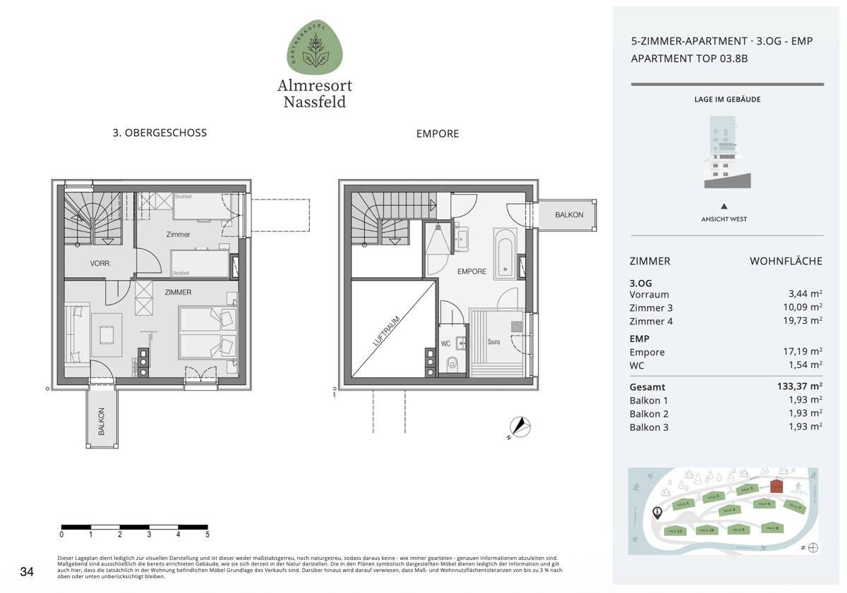 Grundriss eines 5-Zimmer-Apartments mit Empore, mehreren Bädern und Balkonen auf zwei Ebenen.