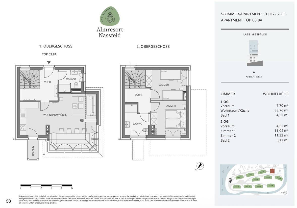 Grundriss eines 5-Zimmer-Apartments über zwei Etagen mit Wohnküche, Bädern und Balkon.
