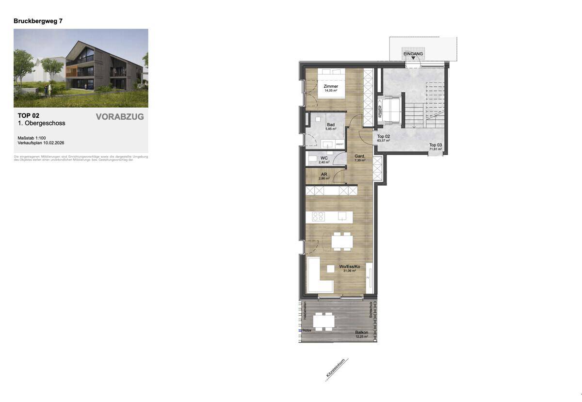 Grundriss des Obergeschosses einer Wohnung mit offenem Wohnbereich, Schlafzimmer und Balkon.