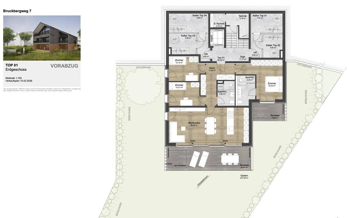 Grundriss des Erdgeschosses mit Wohn-Essbereich, Schlafzimmern, Terrasse und Garten.