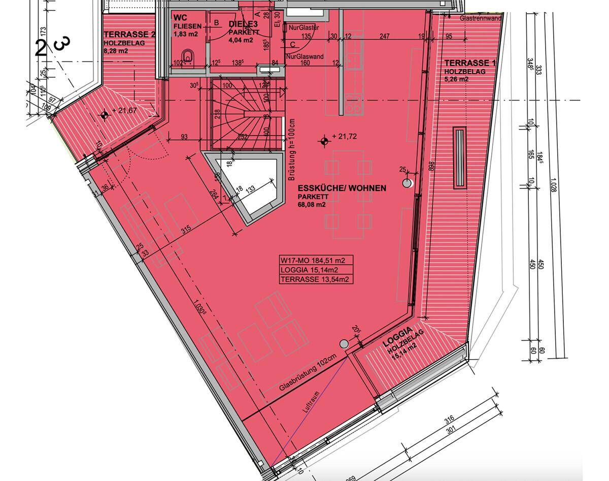 Grundriss des Erdgeschosses mit offenem Wohn-Essbereich, Loggia und zwei Terrassen.