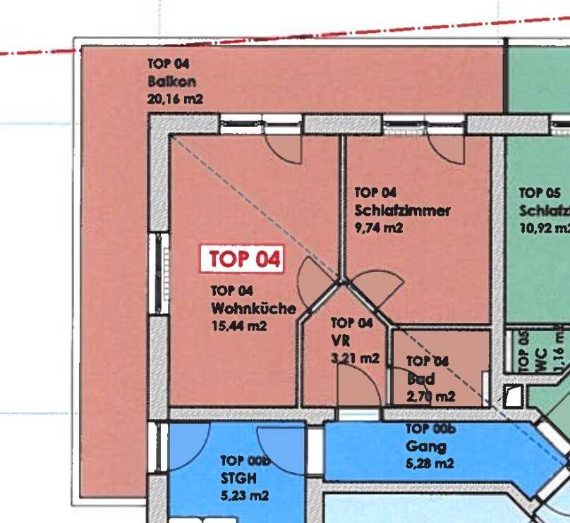 Grundriss der Wohnung TOP 04 mit Wohnküche, Schlafzimmer, Bad und Balkon.