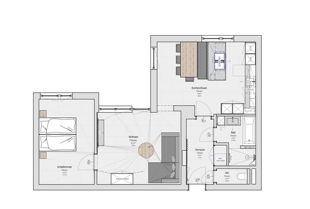 Grundriss einer Wohnung mit offenem Wohn-Essbereich, zwei Schlafzimmern und zwei Bädern.