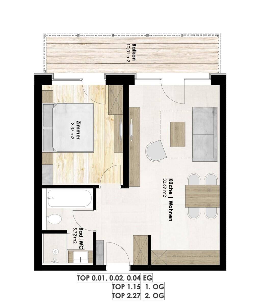 Grundriss einer Wohnung mit Schlafzimmer, Bad und offenem Wohn-Essbereich mit Balkon.