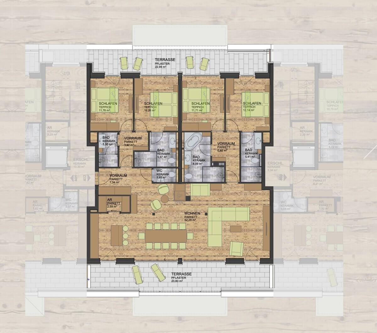 Detaillierter Grundriss einer Wohnung mit vier Schlafzimmern und zwei Terrassen.