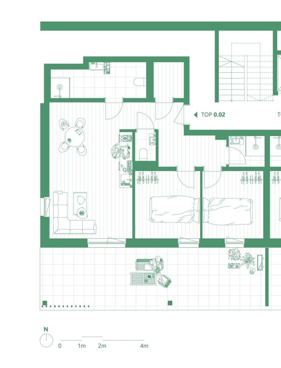 Grundriss einer Wohnung mit Wohnbereich, Schlafzimmern und Balkon.