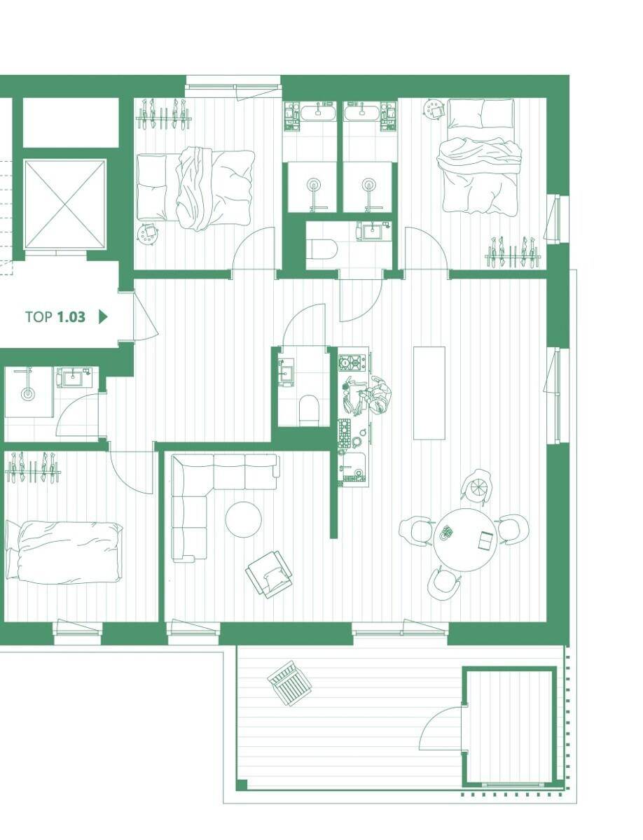 Grundriss einer Wohnung mit drei Schlafzimmern, offenem Wohnbereich und Balkon.