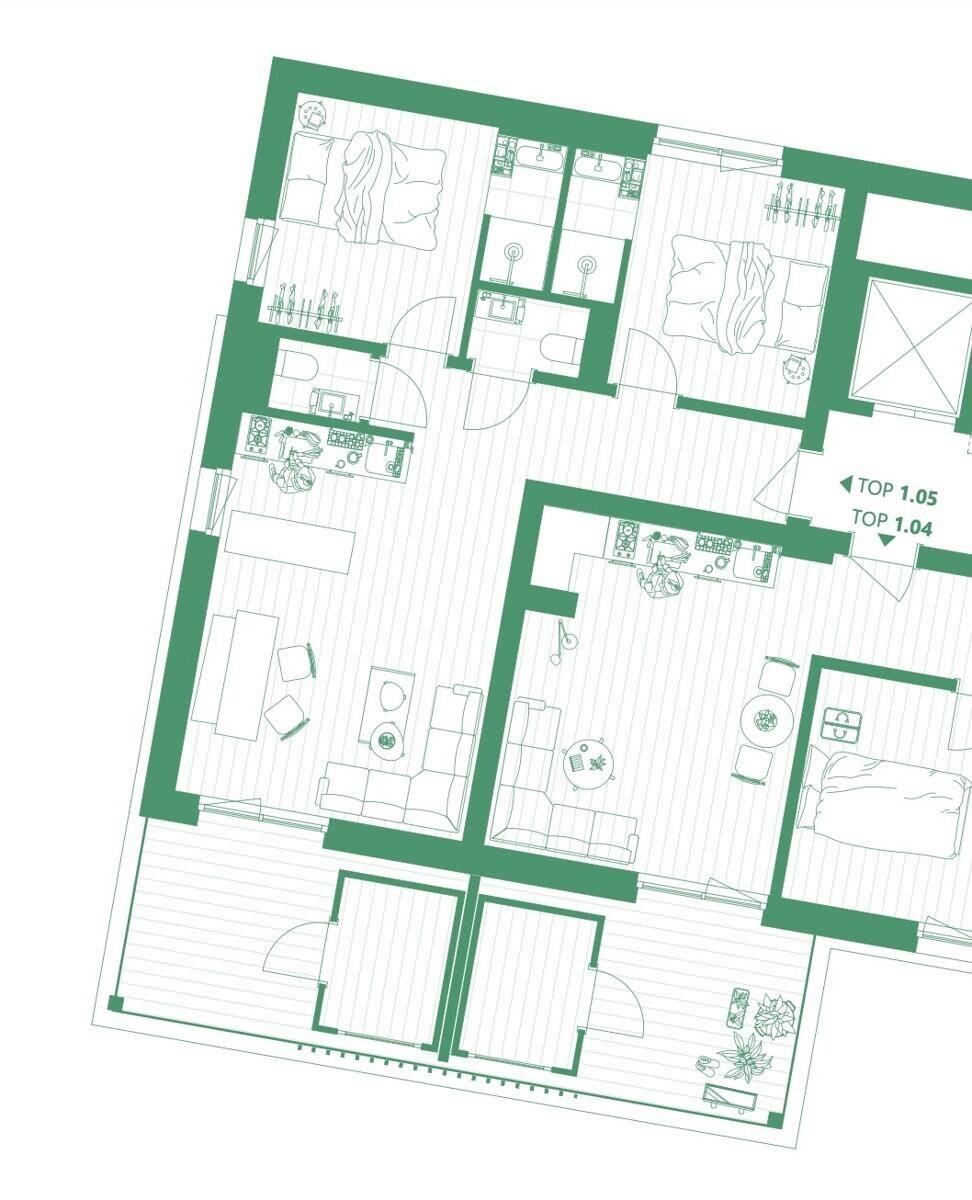 Detaillierter Grundriss einer Wohnung mit mehreren Zimmern, Balkon und funktionaler Raumaufteilung.