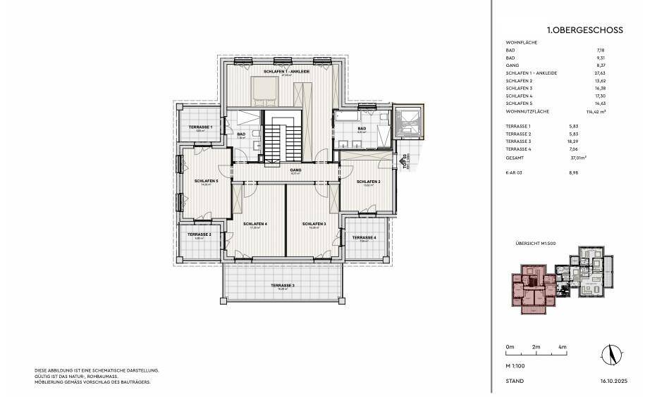 Grundriss des Obergeschosses mit mehreren Schlafzimmern und Zugang zu Terrassen.