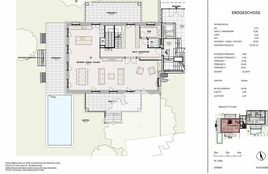 Grundriss des Erdgeschosses mit offenem Wohn-Essbereich, Küche, Terrassen und Pool.