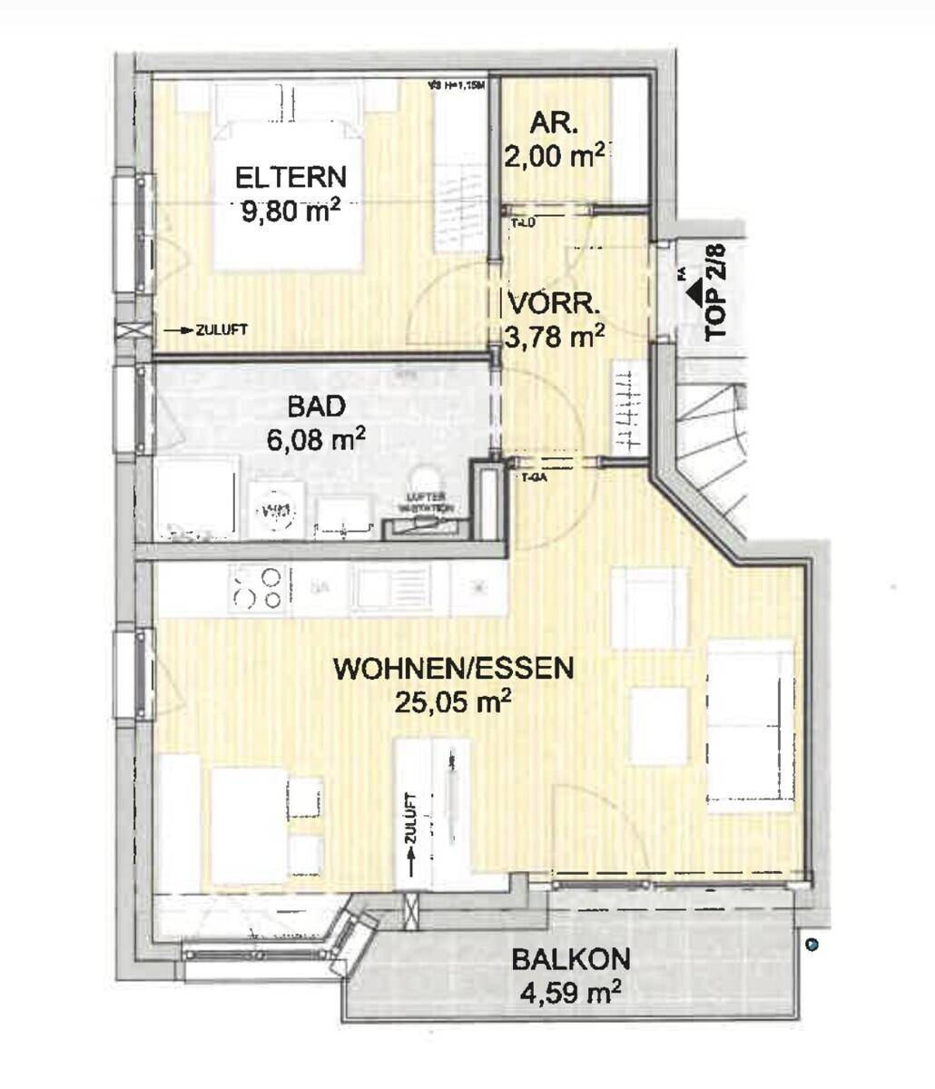 Grundriss einer Wohnung mit Schlafzimmer, Bad, offenem Wohn-/Essbereich und Balkon.
