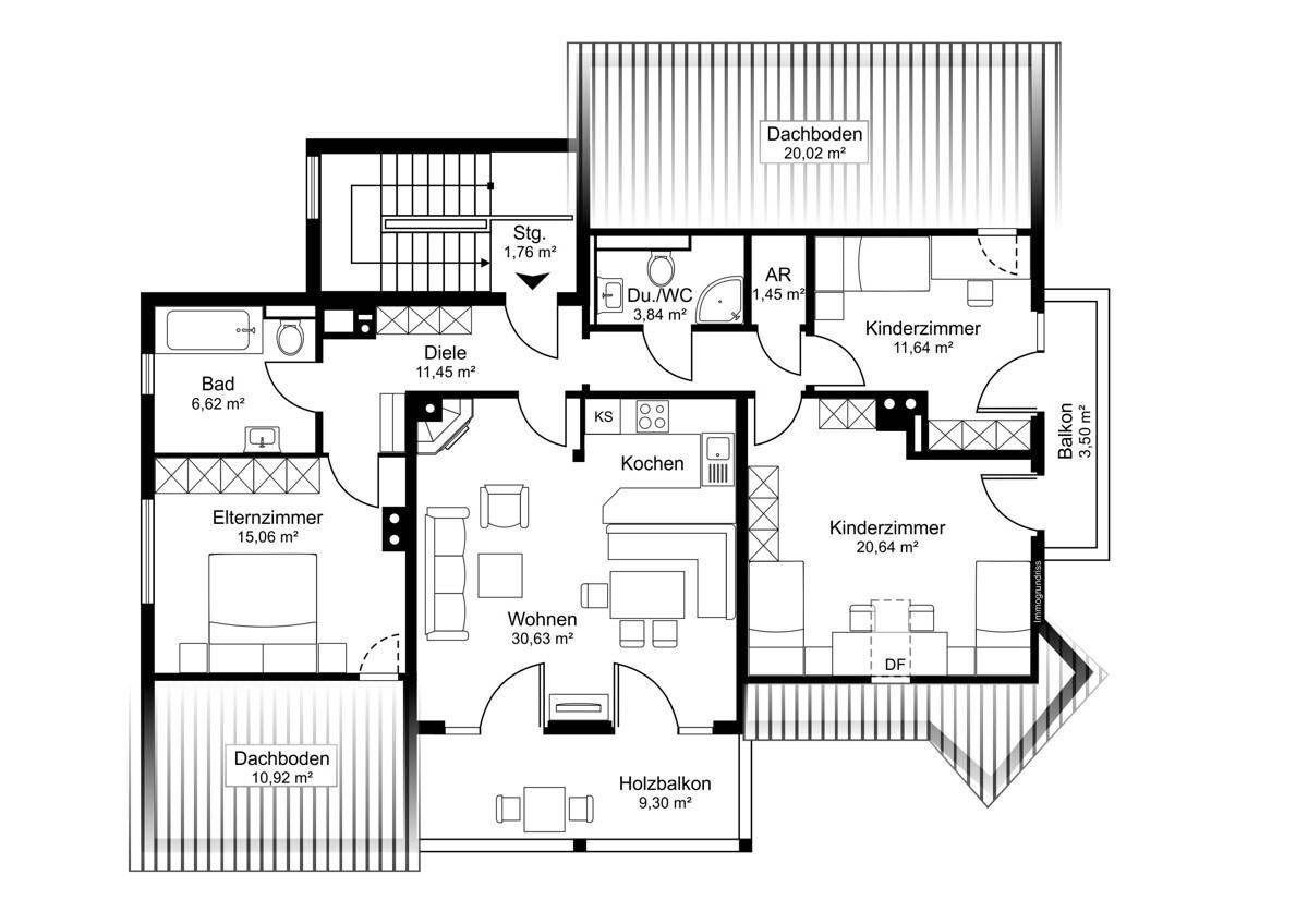 Grundriss der Wohnung mit drei Schlafzimmern, offenem Wohnbereich und zwei Balkonen.