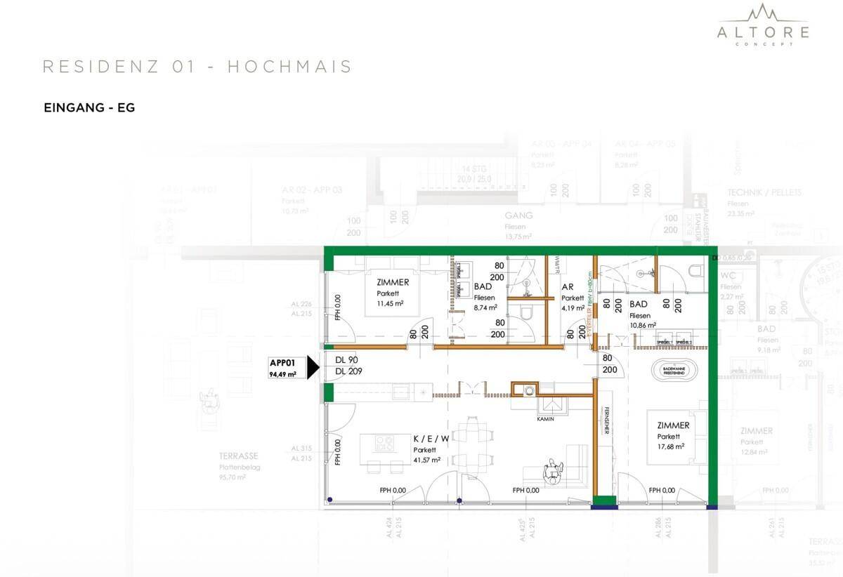 Grundriss der Residenz Q1 Hochmais, zeigt die Raumaufteilung mit Zimmern, Bad und Küche.