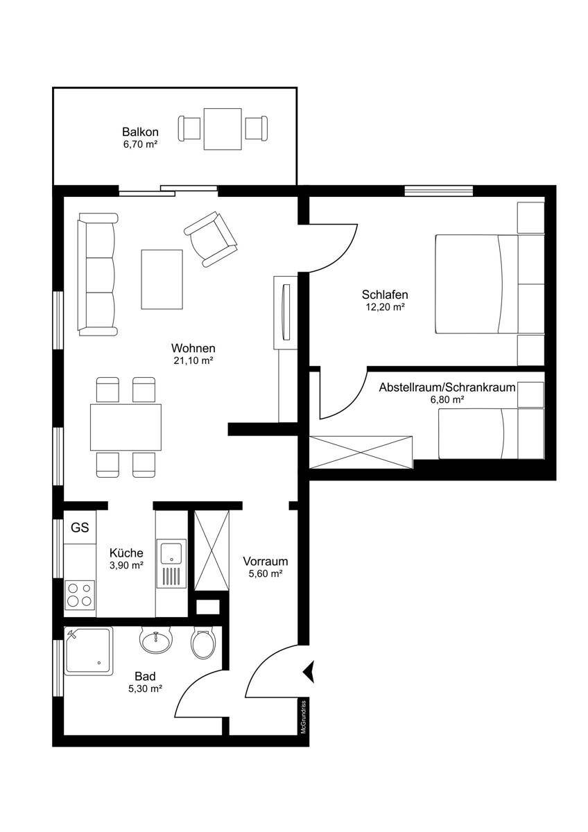 Grundriss einer Wohnung mit Wohnbereich, Schlafzimmer, Küche und Balkon, übersichtlich dargestellt.