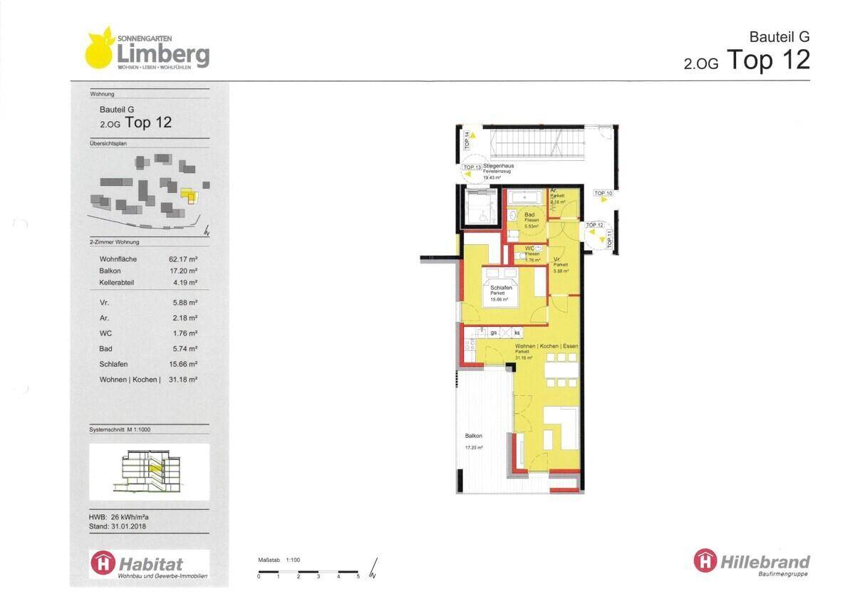Detaillierter Grundriss einer Wohnung mit Balkon und klar definierten Wohnbereichen.