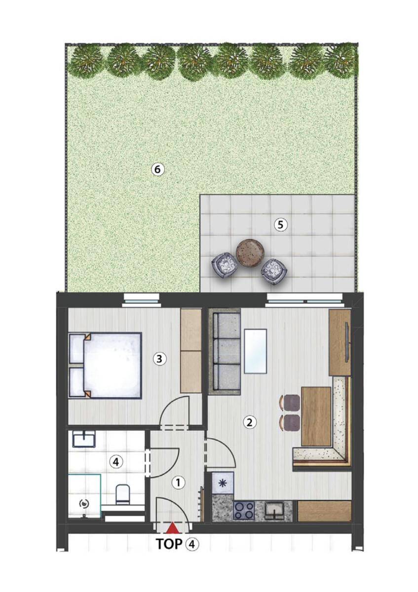 Grundriss einer kleinen Wohnung mit Schlafzimmer, Wohnbereich, Bad, Terrasse und Garten.