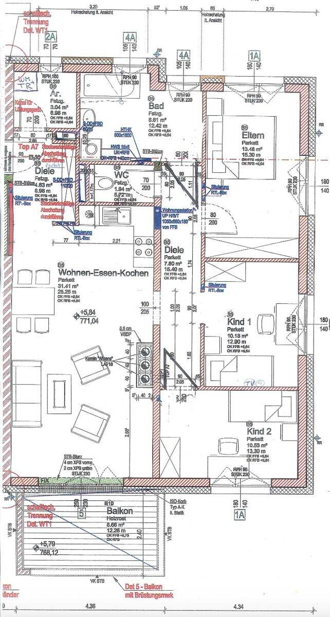 Detaillierter Grundriss einer Wohnung mit drei Schlafzimmern und offenem Wohnbereich.