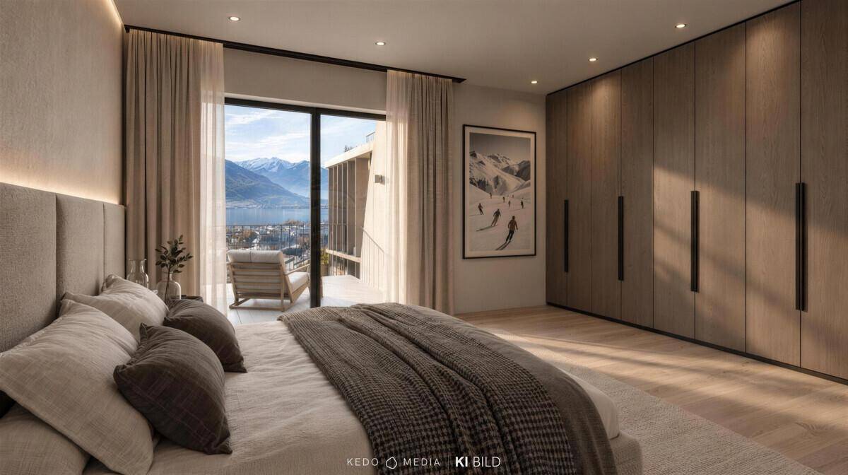 Helles Schlafzimmer mit Einbauschränken, Balkonzugang und Panoramablick auf See und Berge.