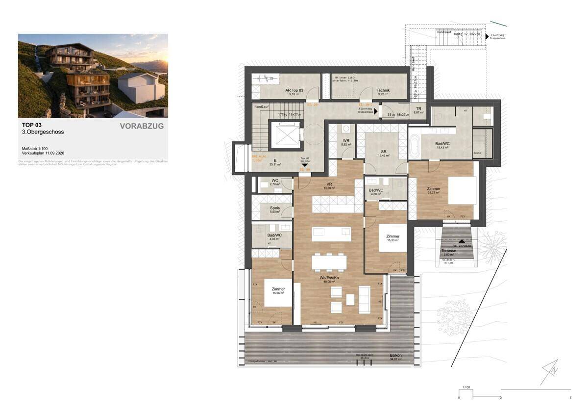 Grundriss der Wohnung TOP 03 im dritten Obergeschoss mit mehreren Zimmern und Außenbereichen.