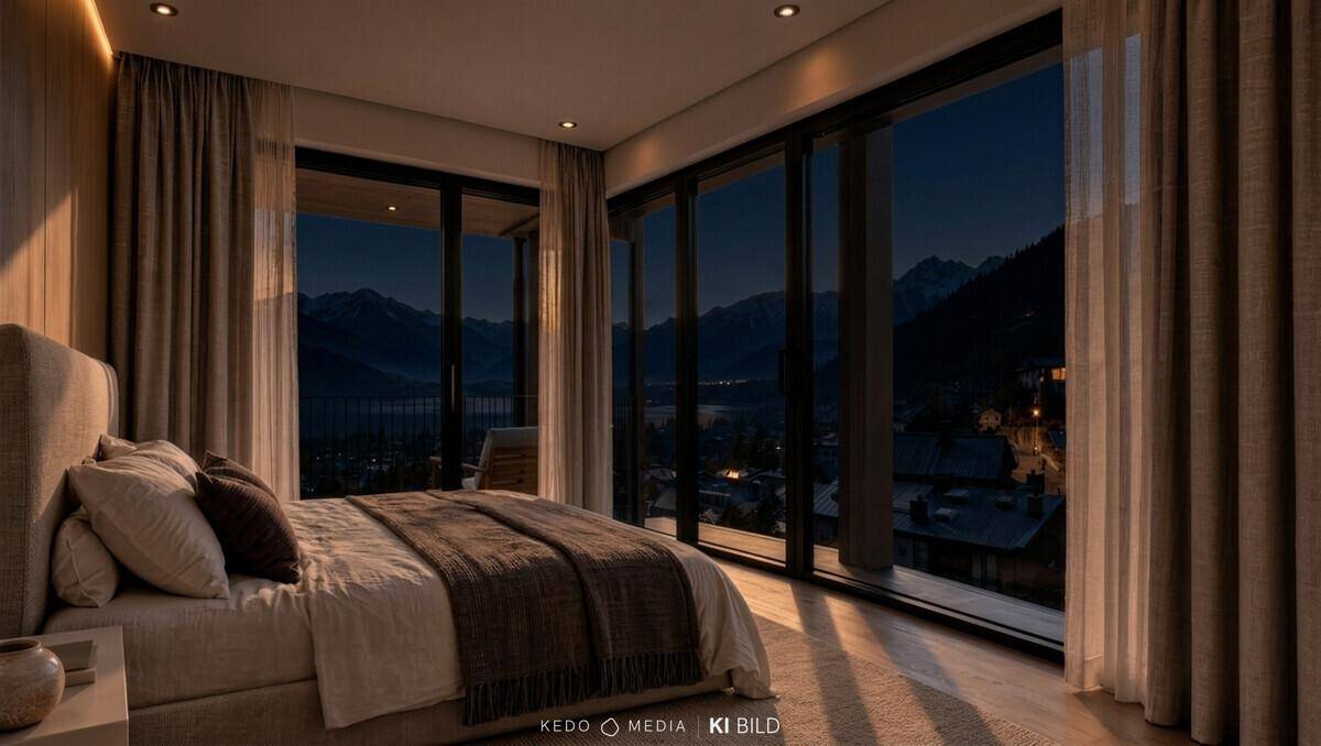 Gemütliches Schlafzimmer mit großen Fenstern und nächtlichem Blick auf die beleuchtete Berglandschaft.