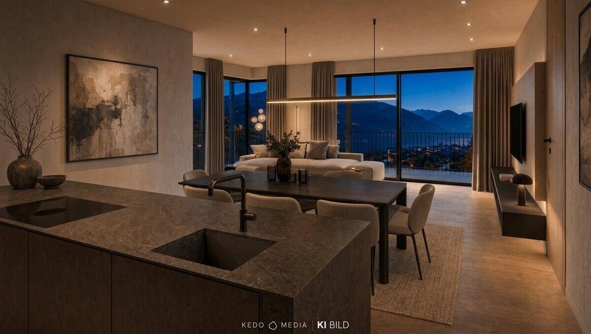 Offener Wohnbereich mit integrierter Küche und Essbereich, bietet einen weiten Blick auf die nächtliche Bergwelt.