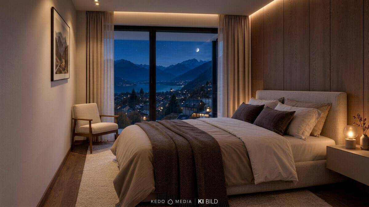 Gemütliches Schlafzimmer mit Holzwand und großem Fenster, das einen malerischen Blick auf See und Berge bietet.