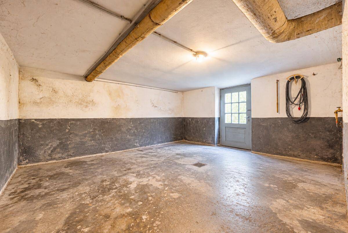 Geräumiger Kellerraum mit Betonboden, sichtbaren Rohren und einem Ausgang ins Freie.