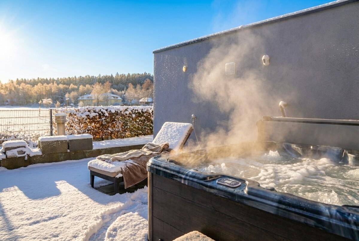 Entspannender Whirlpool im Freien auf einer Terrasse, umgeben von winterlicher Schneelandschaft.