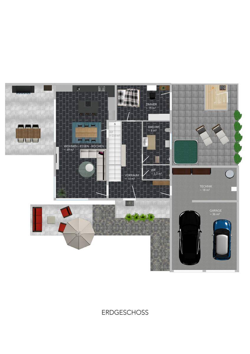 Grundriss des Erdgeschosses mit offenem Wohn-Ess-Kochbereich, Schlafzimmer und Garage.