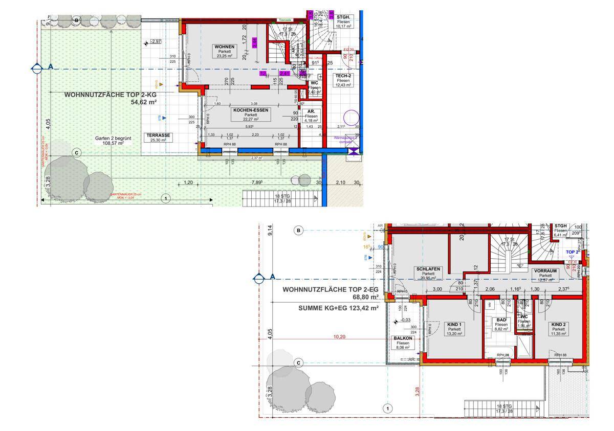 Zwei Grundrisse zeigen die Aufteilung einer Wohnung im Kellergeschoss und Erdgeschoss mit Terrasse und Balkon.