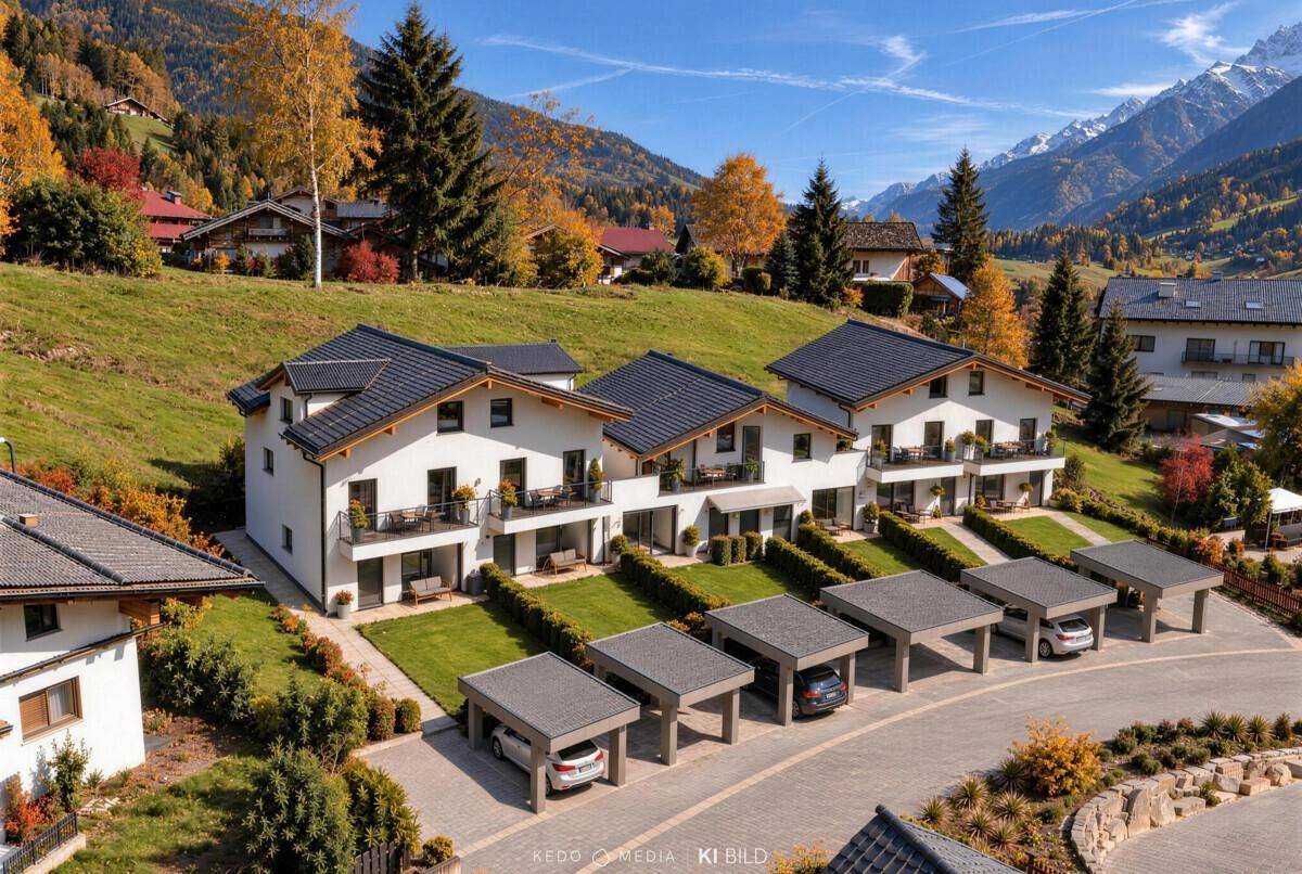 Reihe moderner alpiner Häuser mit Carports und gepflegten Gärten in sonniger Herbstlandschaft.