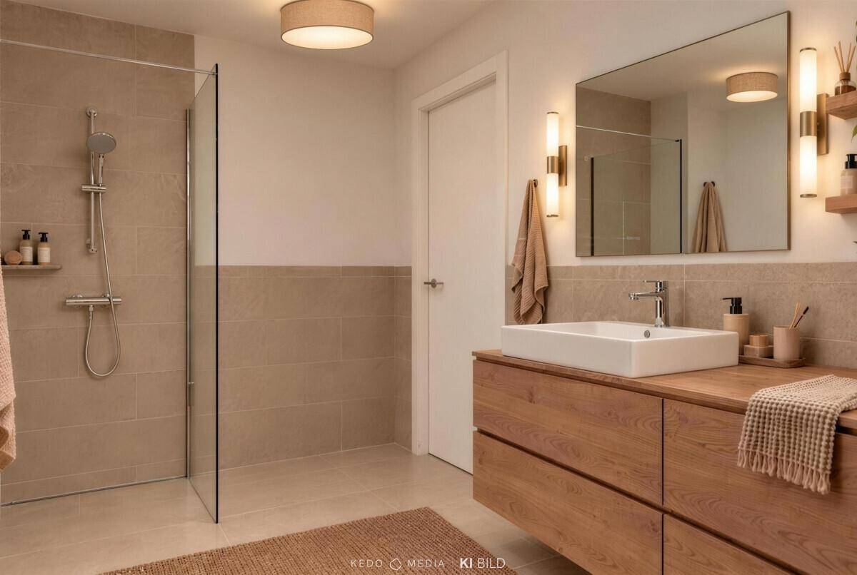 Modernes Badezimmer mit begehbarer Dusche, Holzwaschtisch und großem Spiegel.