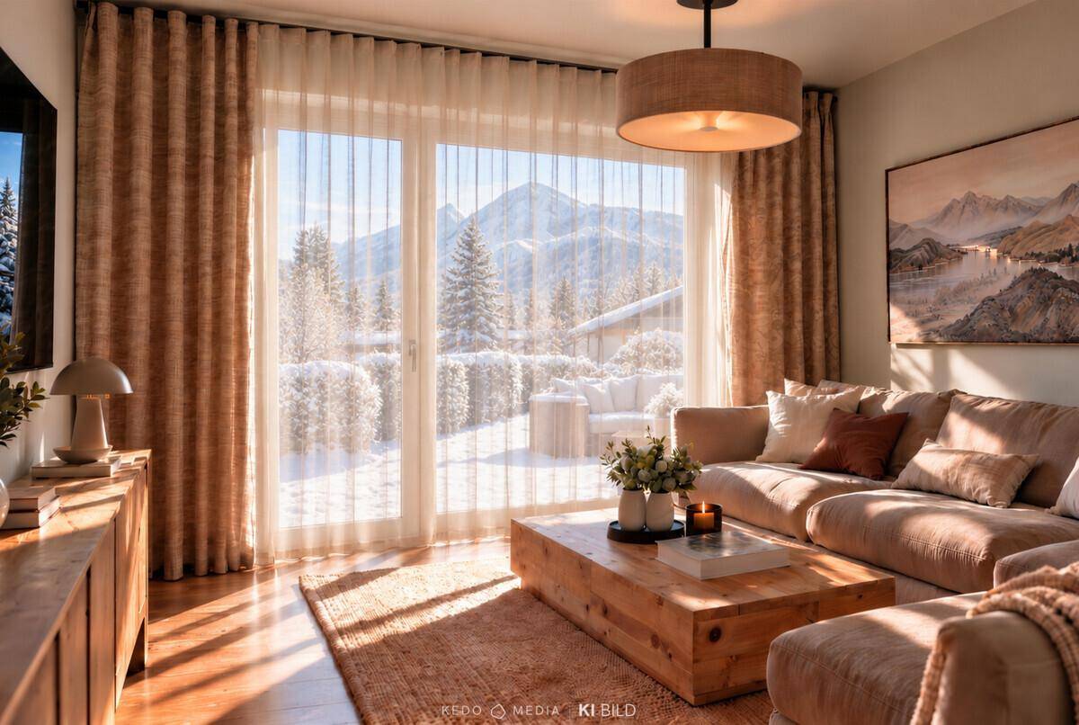 Helles Wohnzimmer mit gemütlichem Sofa, Holztisch und weitem Blick auf die verschneite Berglandschaft.